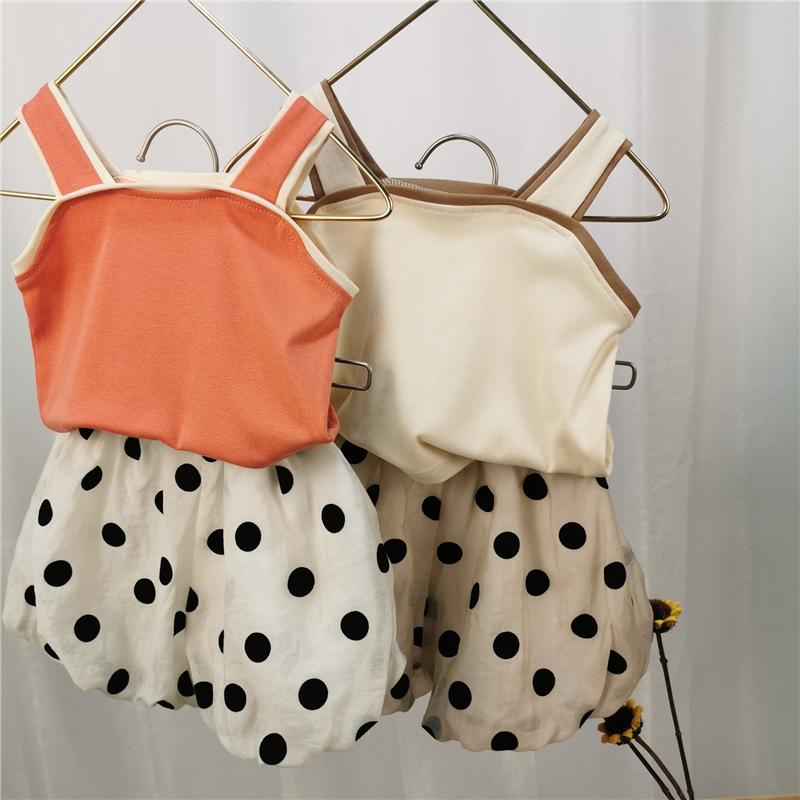 

2021 Summer Toddler Girls Clothes 2pcs Outfits Kids Clothes For Girls Tracksuit Suit For Sleeveless Top+Polka dot Shorts, Beige