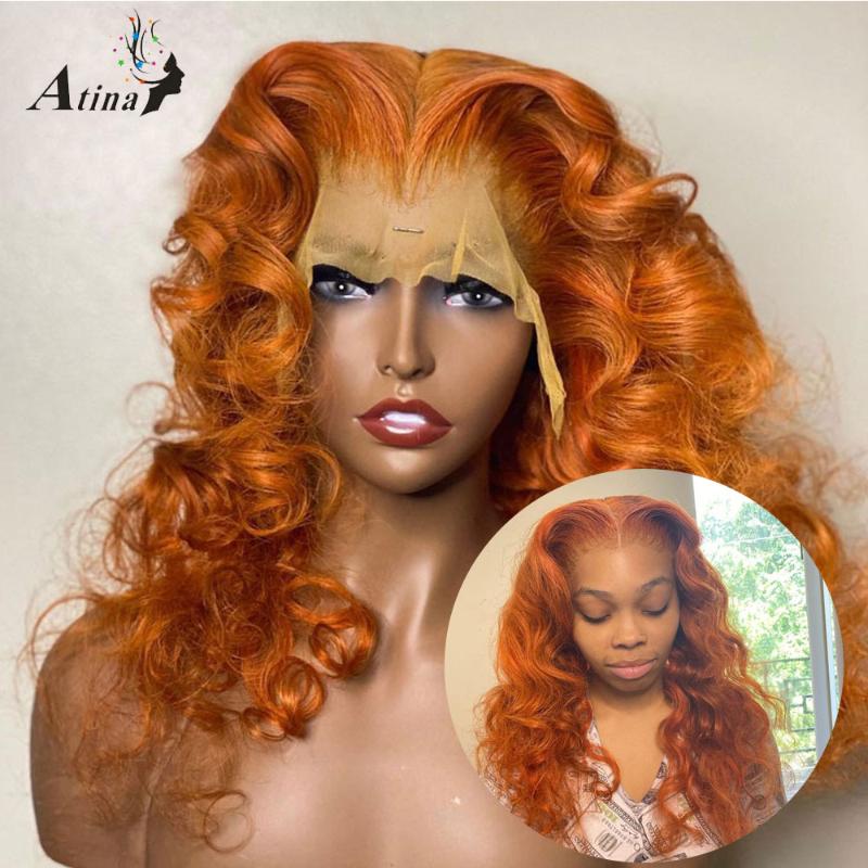 

250 Density Orange Colored Human Hair Wig Bleach Knots Remy Brazilian Wavy HD Transparent Lace Wig For Black Women Atina, As pic