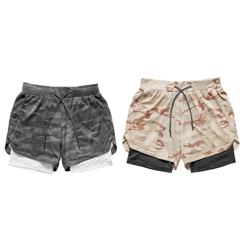 

Men's Yoga Training Quick Dry Running Camouflage Shorts 2 in 1 Sports Jogging Fitness Shorts, Khaki