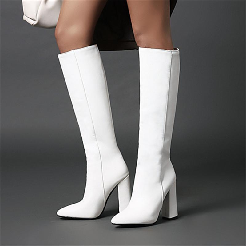 

2021 Fashion Women Knee High Boots Women Zipper Long Boots Ladies Pointed Toe Square Heel Autumn Winter white brown black, Blue