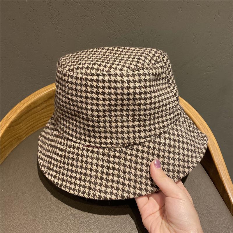 

Autumn Winter British Style D Woolen Fisherman's Hat Thousand Bird Grid Double Side Lattice Warm Basin Hat Big Brim, Khaki