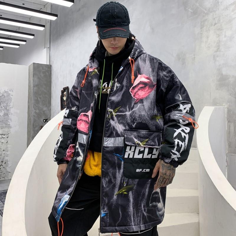 

Camouflage Graffiti Printed Mid-Length Hooded Jacket Men's Winter European and American Popular Allover Printed Loose Jacket, Black