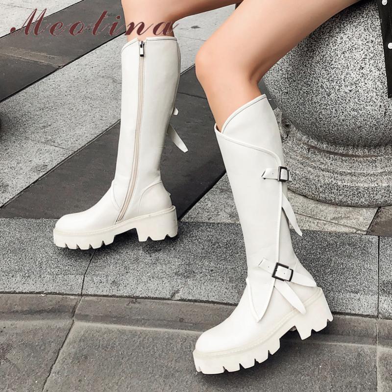 

Meotina Winter Knee High Boots Women Natural Genuine Leather Zip Thick High Heel Long Boots Buckle Round Toe Shoes Lady Fall 421, Black