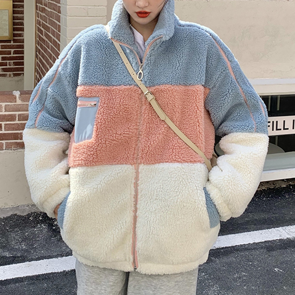 

2021 New Korean Version Cotton Padded Jacket Autumn Winter Thicken Keep Warm Imitation Lamb Wool Splicing Stand-up Collar UPV4, Pink