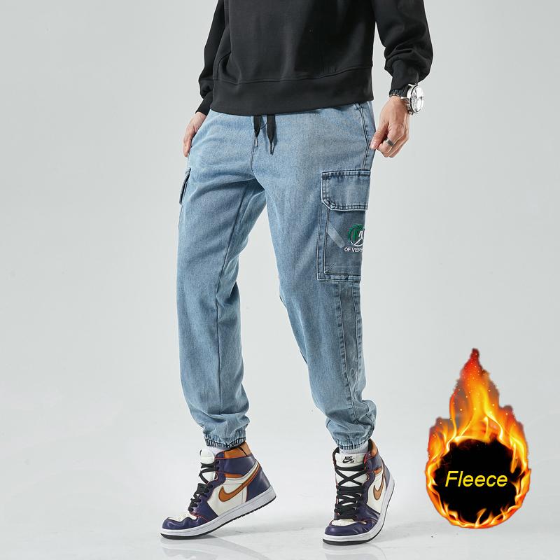 

Spring&Winter Man Jeans Mid High Waist Fleece Trousers Man Denim Pants Youthful Vitality Leisure Streetwear Washed Jeans 8XL, Balck 2