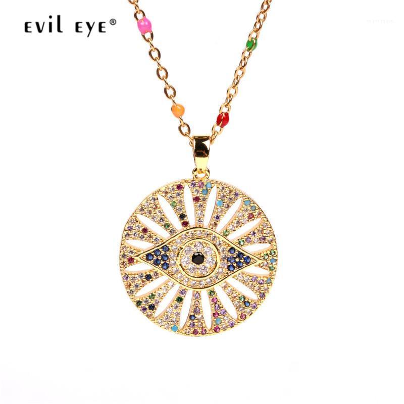 

EVIL EYE Colorful Zircon Round Pendant Necklace Copper Gold Color Long Chain Turkish Eye Necklace Jewelry for Women Girls LE5351