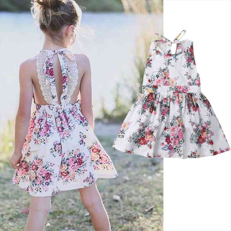 

little girls summer dress lace floral printed backless sleeveless party wedding princess dresses children kids clothes, Red;yellow