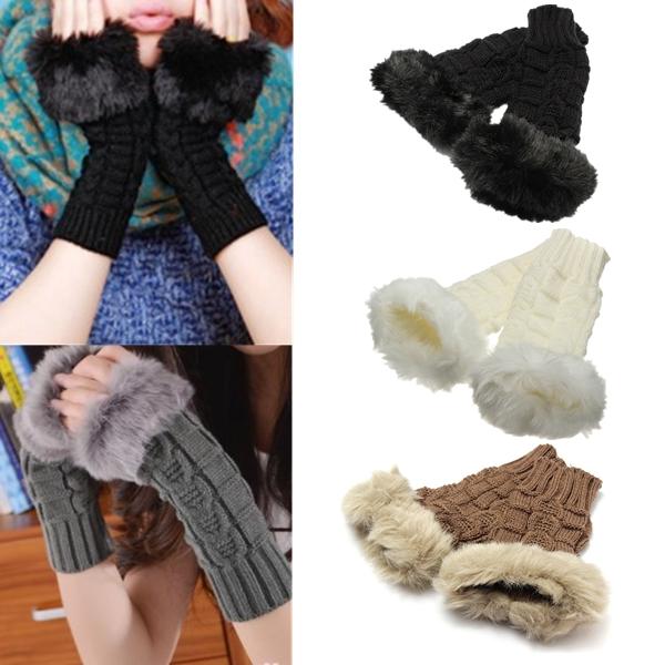 

Women Stylish Hand Warmer Winter Gloves Arm Crochet Knitting Faux Fur Wool Mitten Warm Fingerless Glove Femme