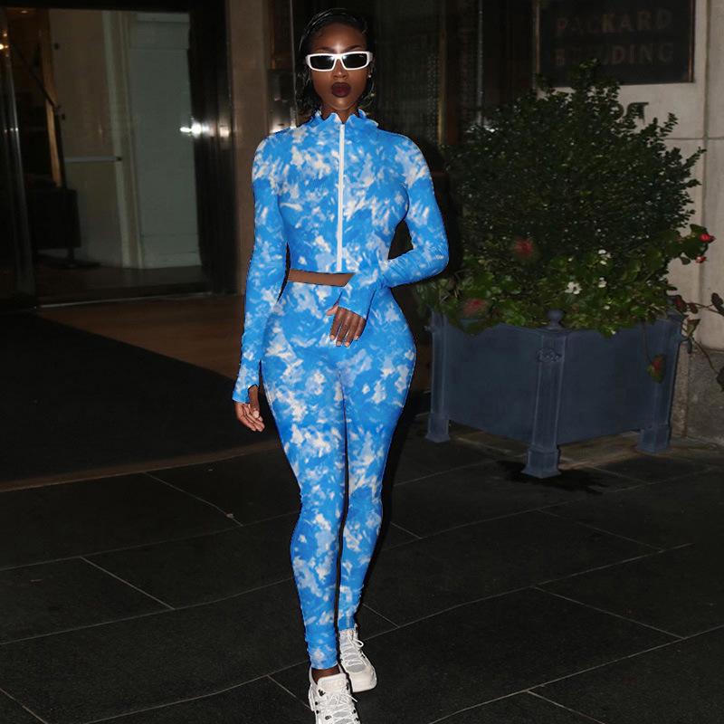 

New 2 Piece Yoga Set Gym Workout Clothing Zipper Women Tracksuits Tie Dye Fitness Suit 2021 Sportswear Costume Sport Female Pink, Blue