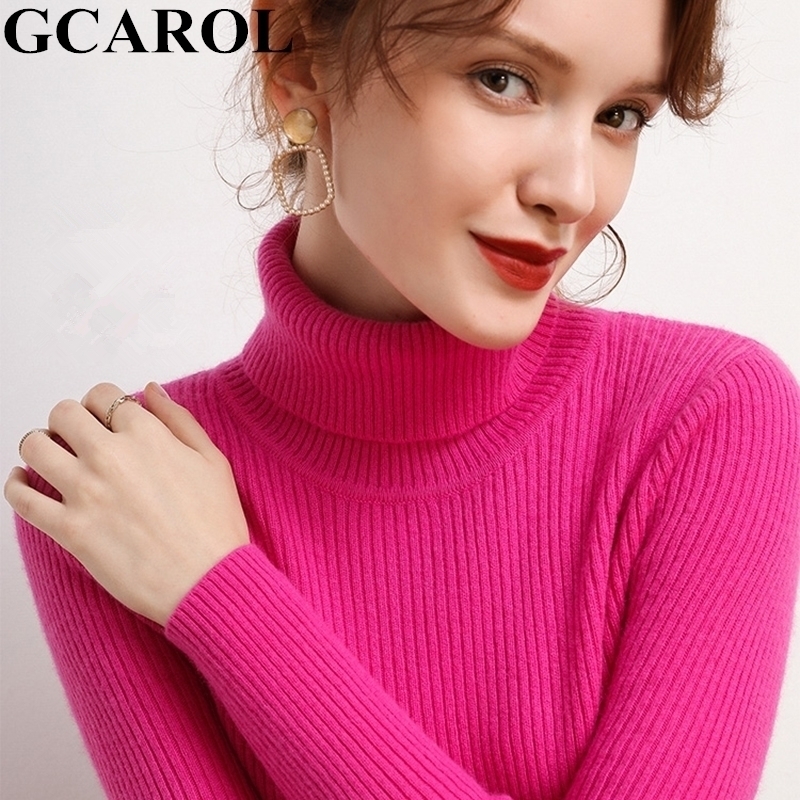 

GCAROL Fall Winter Women Turtleneck Cashmere Slim Sweater 30% Wool Warm Stretch Candy Jumper Render Base Knitted Pullover 2XL 201123, Yellow