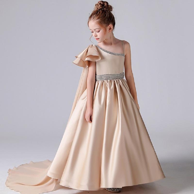

Girl's Dresses Champagne Satin Ball Gown Flower Girl One Shoulder Wedding Party Dress Princess First Communion, Red;yellow