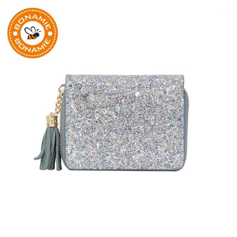 

BONAMIE Women Wallet Glitter Sequin Wallet Purses Genuine Leather High Capacity Card Holder Coin Purse Short NEW1, Pink