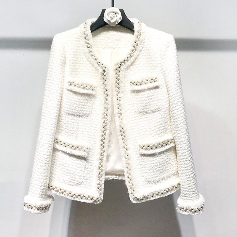 White tweed women jacket Hand-made beads spring / autumn / winter woolen coat new Wool classic jacket Ladies 201030