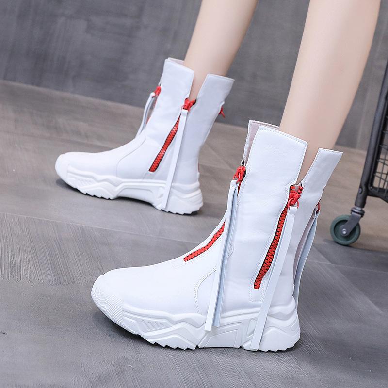 

Z83 Autumn winter Women PU Boots Round Toe Zipper Platform Woman Boots Keep warm Fashion Flat Ankle Botas Muje, White single
