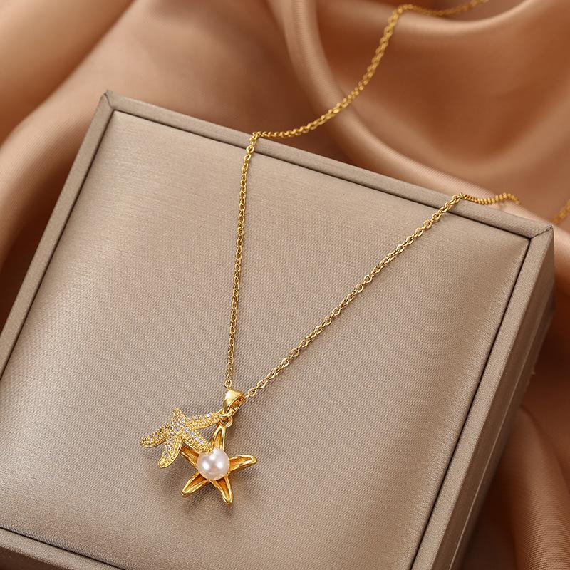 

Chains Gold Starfish Pearl Necklace For Women Niche Design Openable Pendant Jewelry Stainless Steel