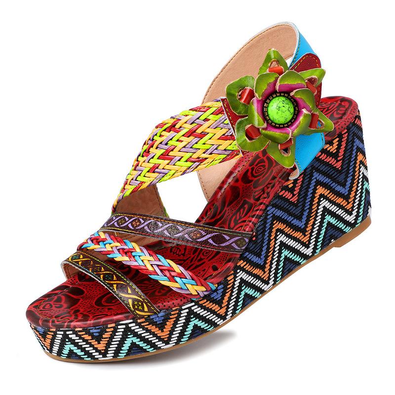 

Bohemia Sandals Pattern Genuine Leather Floral Hook Loop Comfortable Wedge Heel Sandals Elegant Women Shoes, Yellow