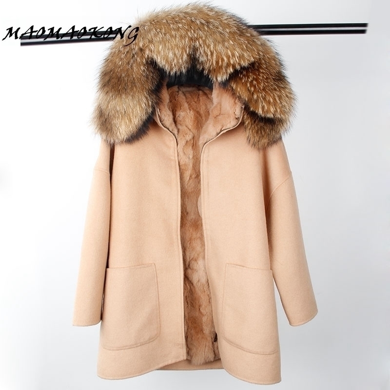 

New Winter Parka Wool Cashmere Coat Women Jacket Overcoat Collar Hooded Rex Rabbit Fur liner Top Quality 201104, With hood fur 1