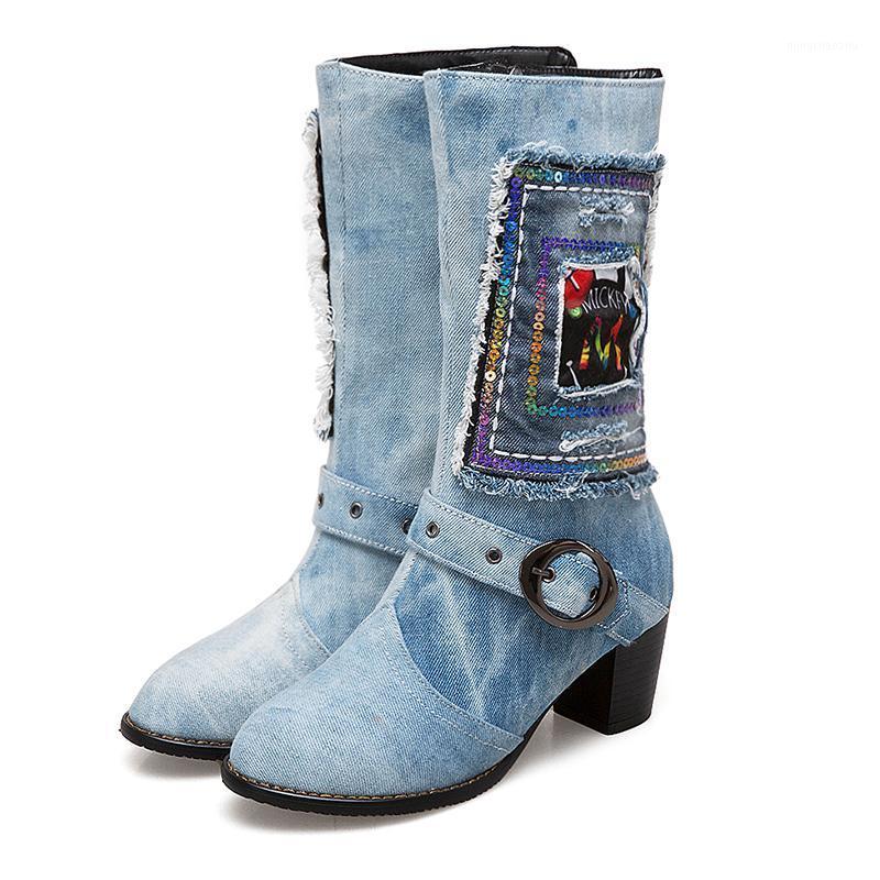 

Lucyever Women's Autumn Winter High-heeled Mid Calf Boots Casual Denim Tassel Embroidery Thick Heel Shoes Woman Plus Size 34-481, Blue