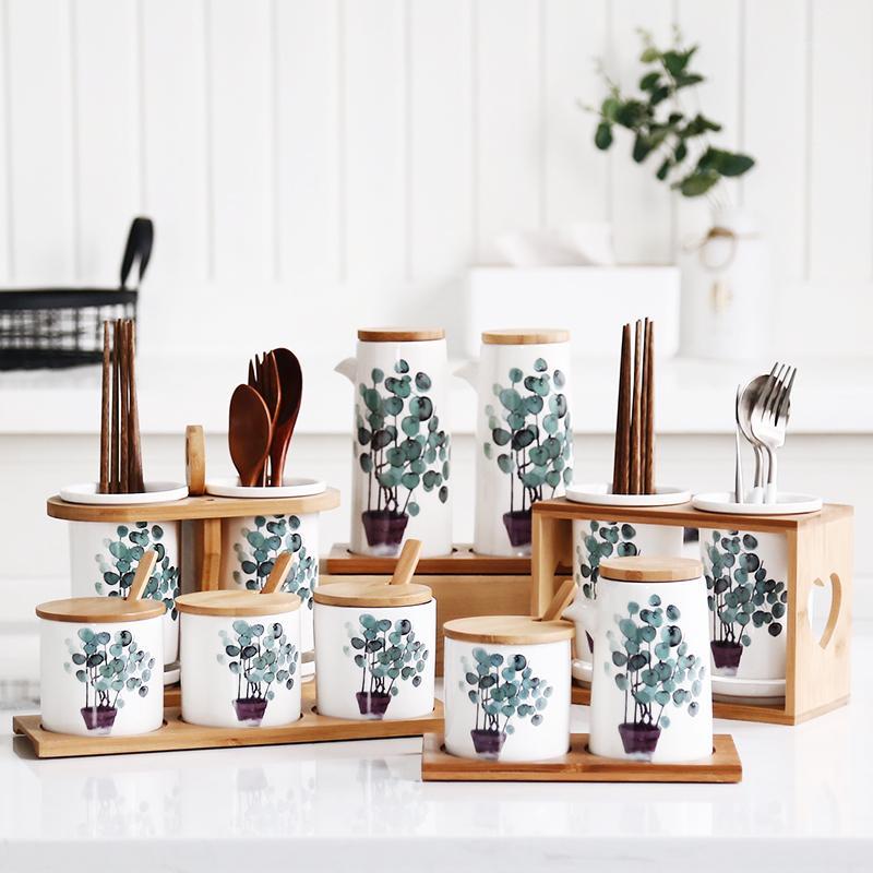 

Nordic green plant home ceramic seasoning jar Chopsticks storage oil pot salt shaker combination set Restaurant kitchen supplies1