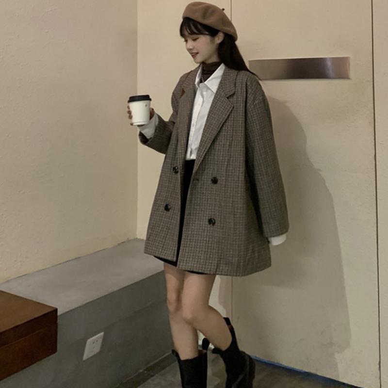 

2020 Winter Women's Plaid Suit Office Ladies Long Coat Retro Double-breasted Jacket Simple Elegant Female Woolen Blazer, Gray
