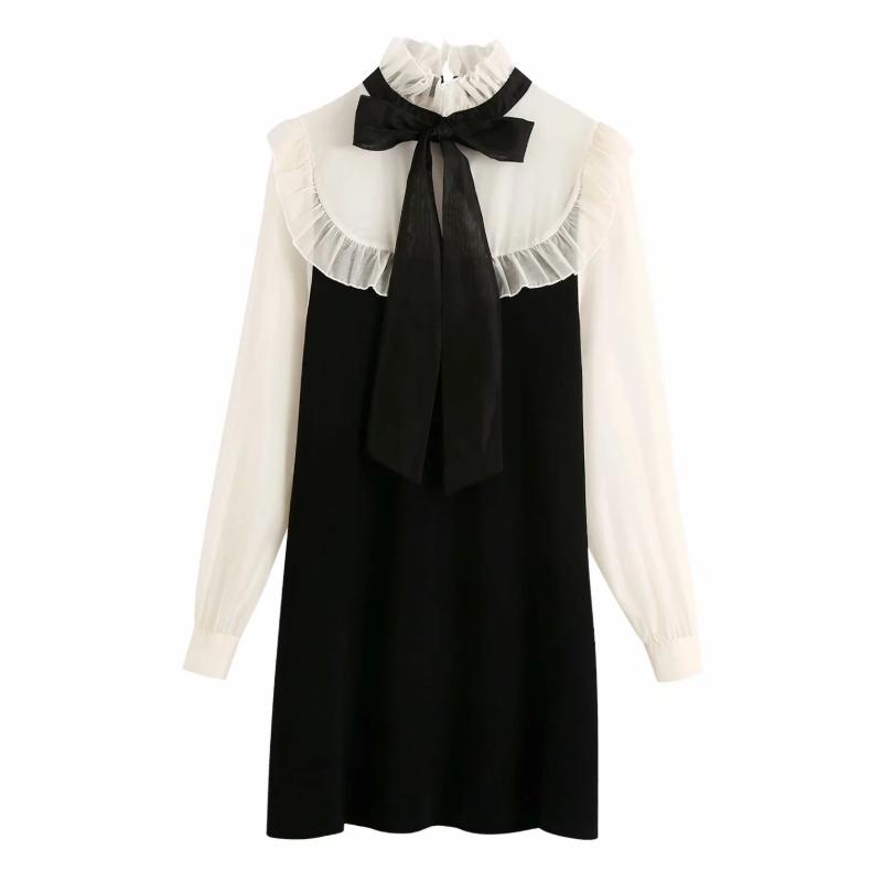 

Women Organza Splicing Knitting Mini Dress Femme Bow Tie Long Sleeve Loose Clothes Casual Lady Vestido D6596, As pic