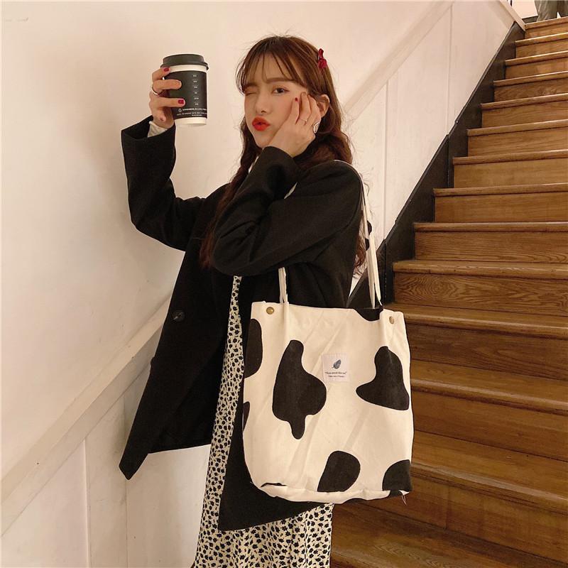 

Vintage Corduroy Women Handbags Large Capacity Girls Student Book Shoulder Bag Cute Cow Pattern Ladies Shopping Bags Casual Tote, Beige