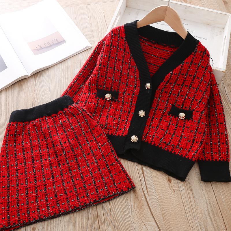 

Kids Girls Sweater Set Autumn Winter Thick Warm Knitted Clothes Set fashion Kids Girl Classic Clothing Suit Cardigan and Skirt1, Red