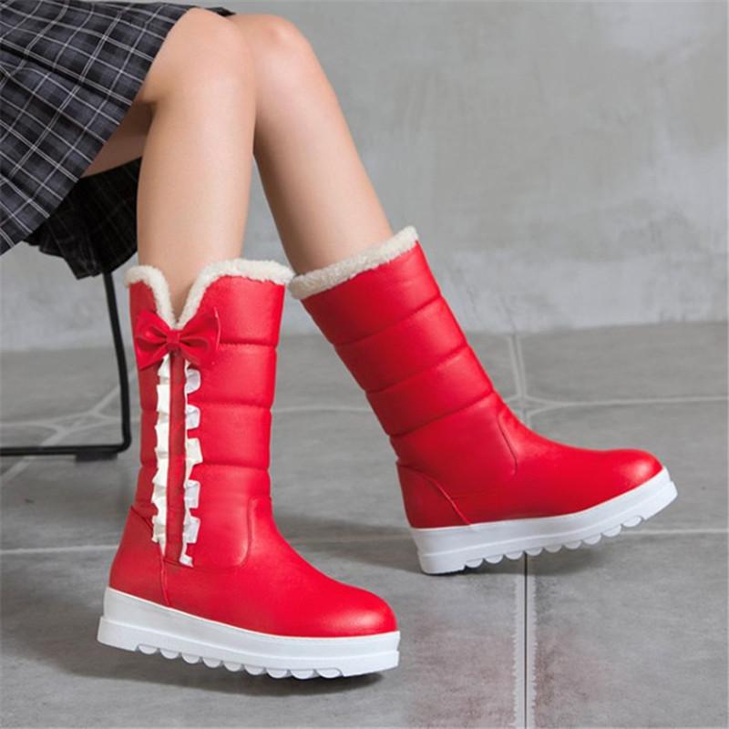 

PXELENA Lovely Ruffles Bow Knot Women Mid Calf Boots Winter Warm 2020 Fur Plush Waterproof Snow Boots Flat Platform Daily 34-44, Black