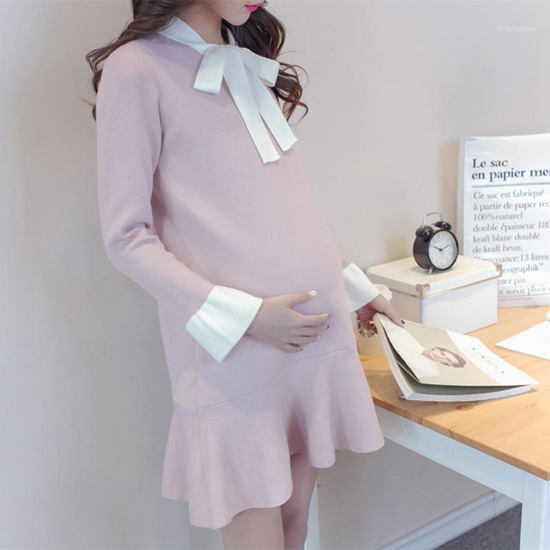 

Hot pregnant dress bow maternity dresses with ruffles knitted pregnancy clothes for pregnant women elegant plus maternity gown1, Pink