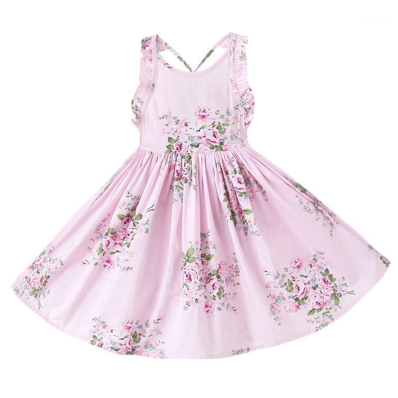 

Girls Floral Print Halter Dress Ruffles with Backless Sweet Baby Children Summer Cotton Party Dresses Wholesale1, Pink
