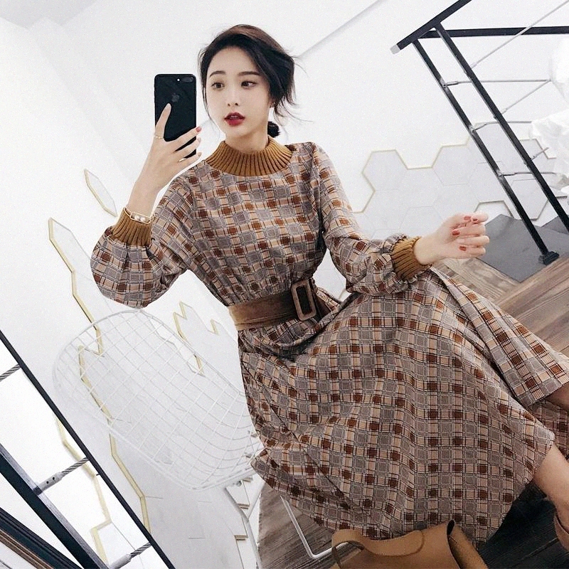 

JXMYY autumn winter dresses women long sleeve vintage plaid maxi dress with belt knitted patchwork party vestidos femme #9n0X, Black;gray