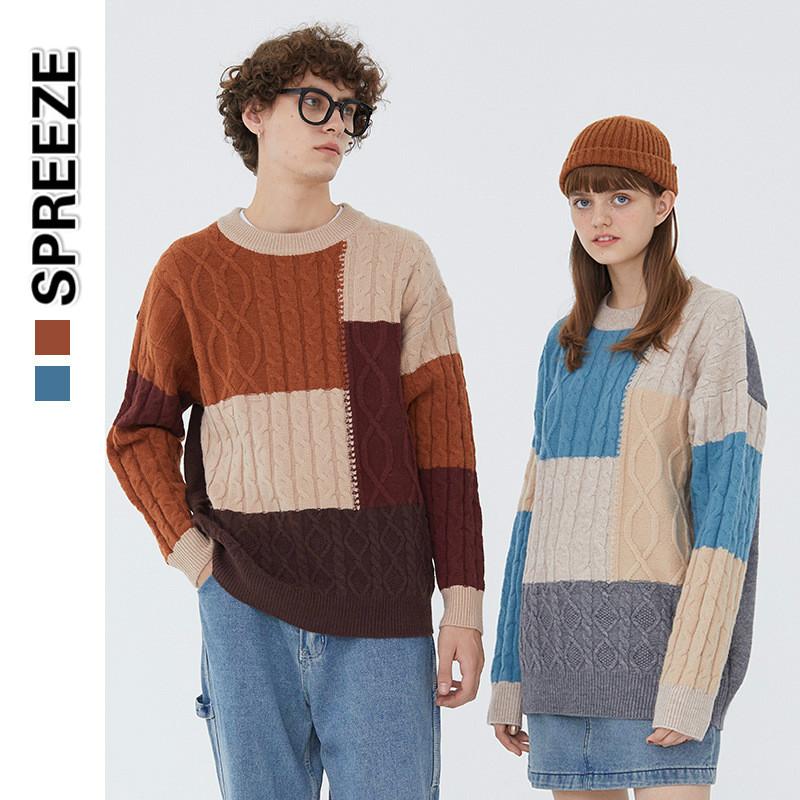 

Unisex Loose Long-sleeved Sweater Contrast Color Retro Simple Style Couple Sweater Quality Autumn And Winter Clothing, Red