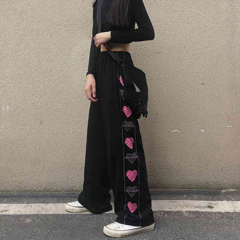 

Love Printed Black Casual Pants Korean Sports Pants Harajuku Street Fashion Black Straight Gothic Sports Women, Black;white