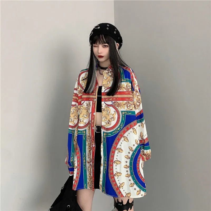 

2021 New Harajuku Blouses Vintage Ulzzang Long Female Blouse Spring Loosed Bohemian Printing of Women's Tops 7CM6