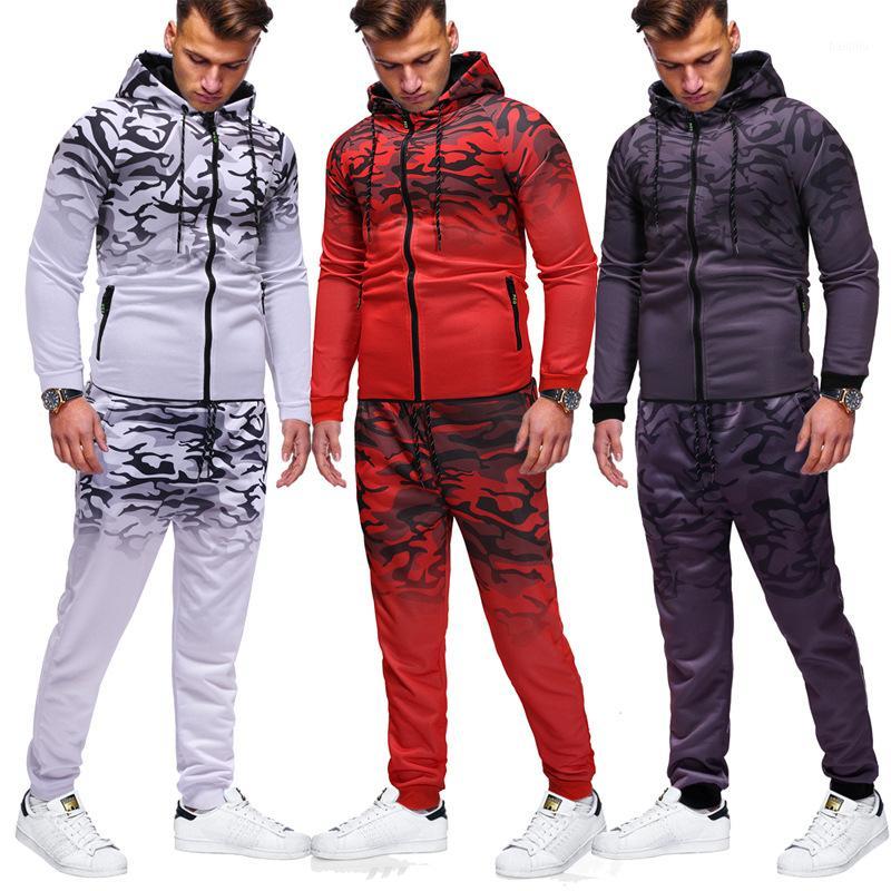 

Autumn men's Stylish Tracksuit zipper hooded sweater+Pants suit camouflage gradient color Sportswear Jogging Gym 2 Piece Set1, Black