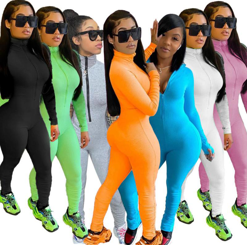 

Solid Color Sexy Womens Bodycon Jumpsuits Rompers Long Sleeve Bodysuit Women Zipper Turtleneck Ladies Elegant Full Length Sportswear Clothes, Contact