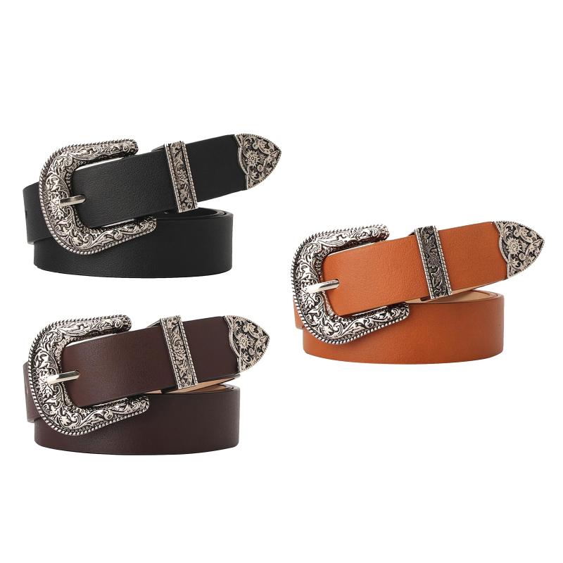 

WOMENS LEATHER SKINNY BELTS CARVED BUCKLE STYLISH LEATHER BELT 105CM LENGTH, Black