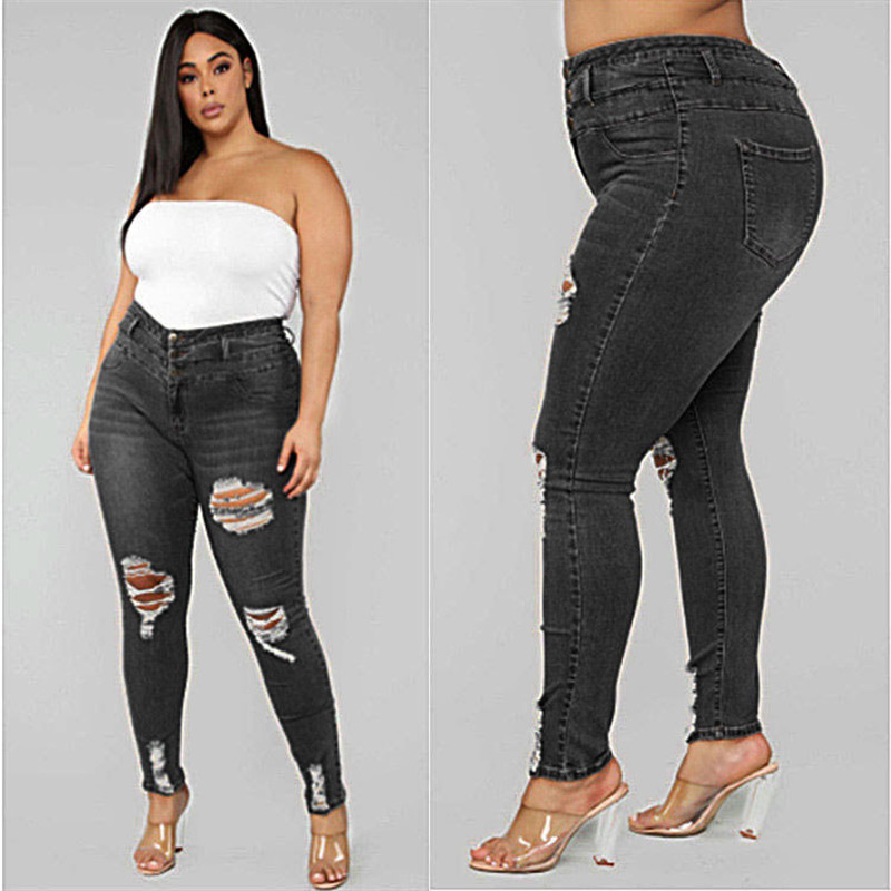 

Women's Plus size jeans Black and blue high waist ripped jeans Fashion casual skinny denim pencil pants L-5XL