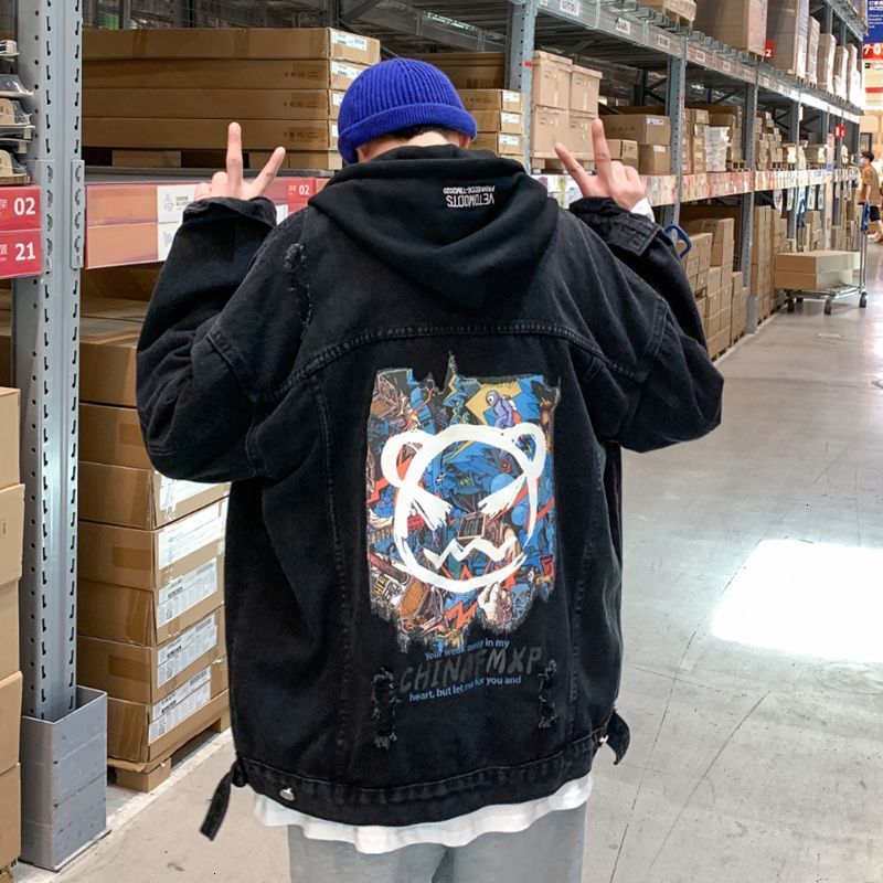 

2021 New Privathinker Men' Casual Oversize Denim Jacket Graphic Printed Woman Autumn New Hooded Coat Korean Streetwear Male Jackets FMLO, Black