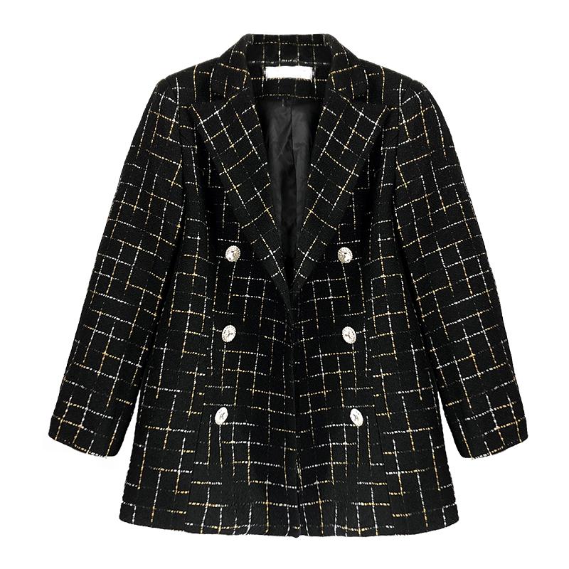 

autumnWomen' temperament casual check small suit female spring European and American retro students thick tweed jacket suit, Black