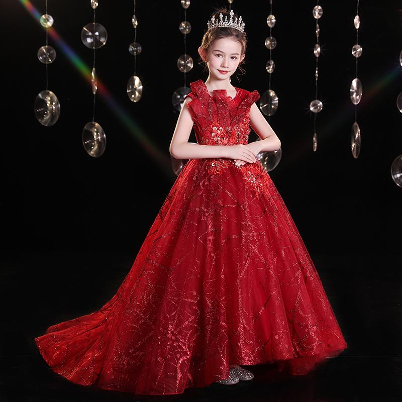 

Fashion 3D Appliques Flower Girl Dress Sequins Glitters Trailing Ball Gown Bandage Long Robe For Wedding Birthday Party, As the photo