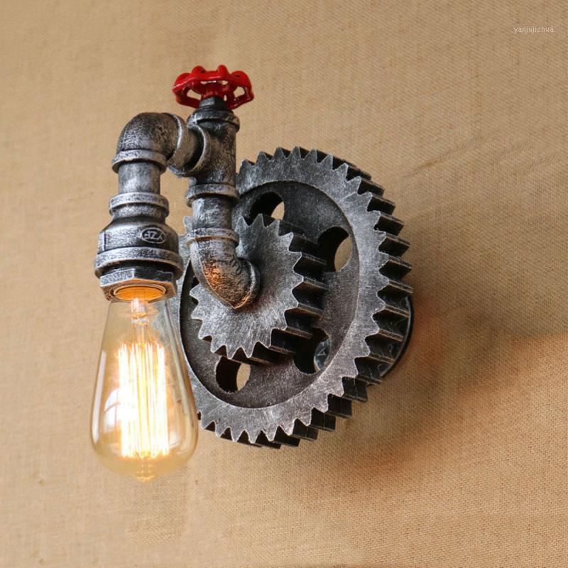 

Industry vintage lamp retro loft iron wood gear wheel wall light study showroom living room bar club cafe lamp bra wall sconce1