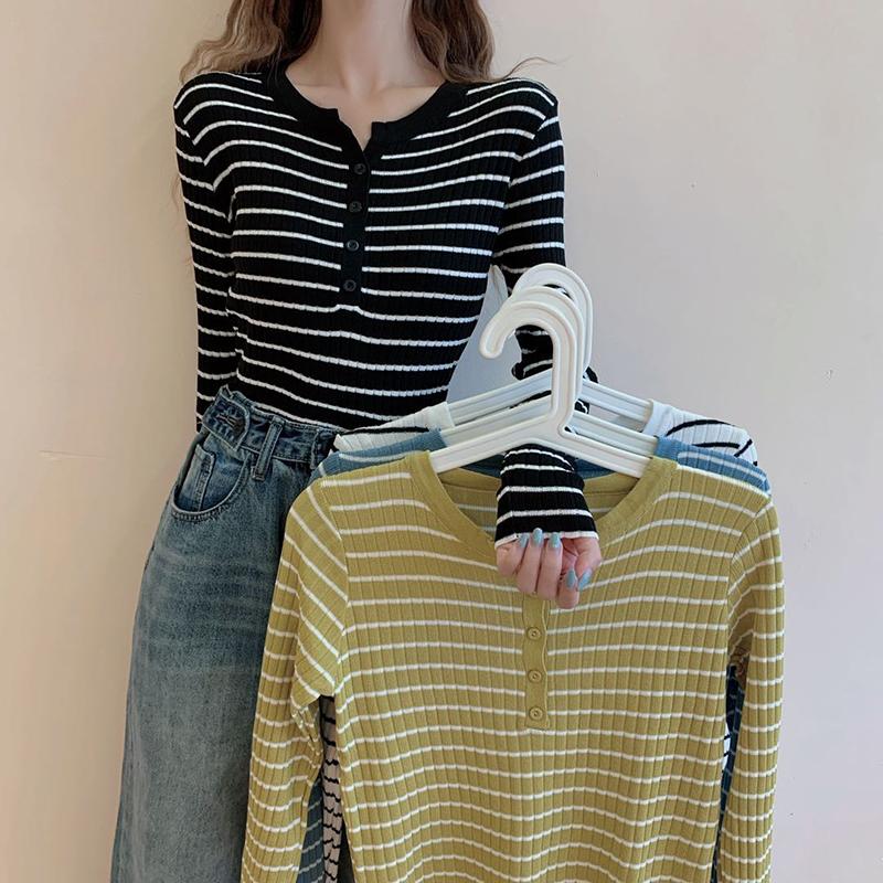 

Women's Sweaters 2022 Stripe Autumn Winter Button V Neck Sweater Women Basic Slim Pullover And Pullovers Knit Jumper Ladies Tops, White;black