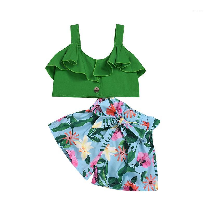 

bunvel 2Pcs Toddler Baby Kid Girl Clothes Sets Summer Ruffle Solid Off Shoulder Tops Floral Shorts With Belt Clothes1, Green