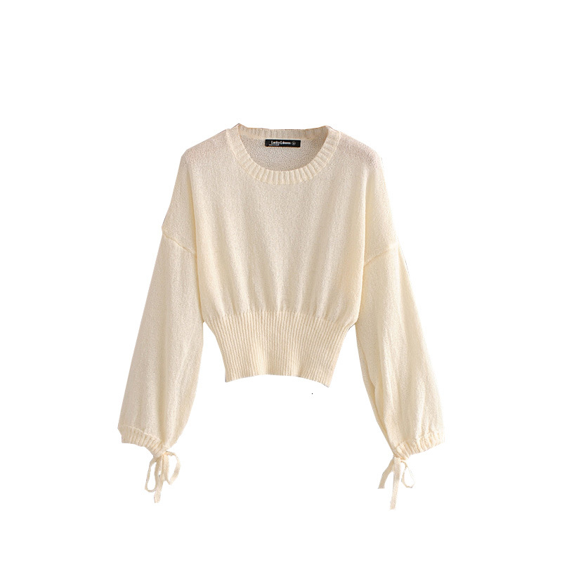 

2021 New Essential Autumn Belt Drop Short Shirt Sleeve Lantern Waist Thin Tape Style Part Elasric Knittedwear VSCB, Milk white.