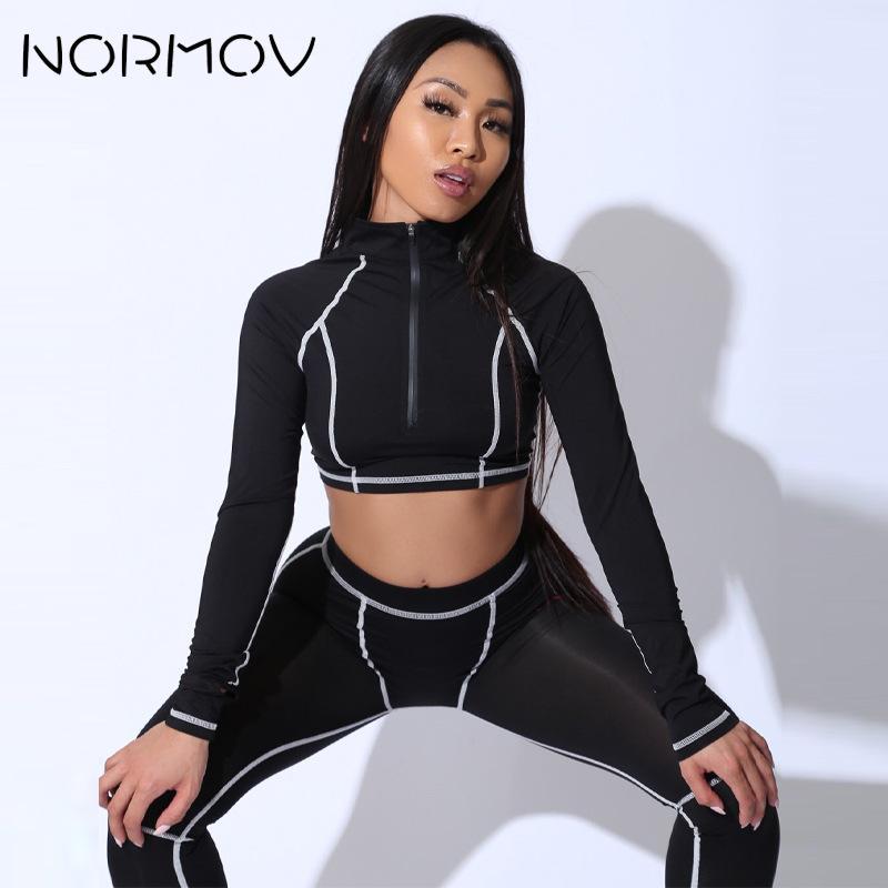 

NORMOV Fitness 2 Piece Set Women Sporty Workout Zipper Tracksuits Long Sleeve Top And Leggings Patchwork Sports Suits Gym Pants, Black