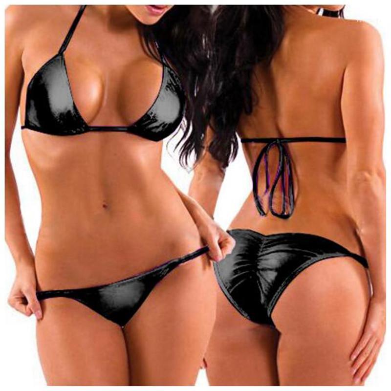 

Sexy Women Two-Piece PU Leather Bikini Swimsuit Mini Triangle Thongs+Bra Tops,Lacing Adjust Cute Bathing Bikinis Set Swimwear1