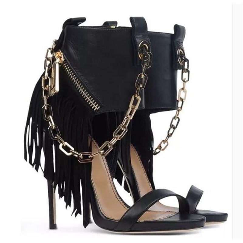 

2020 Decoration Metal Chains High Heels Open Toe Cut-outs Women Sandals Jumps of Fashion 35-42 N6km, Black.