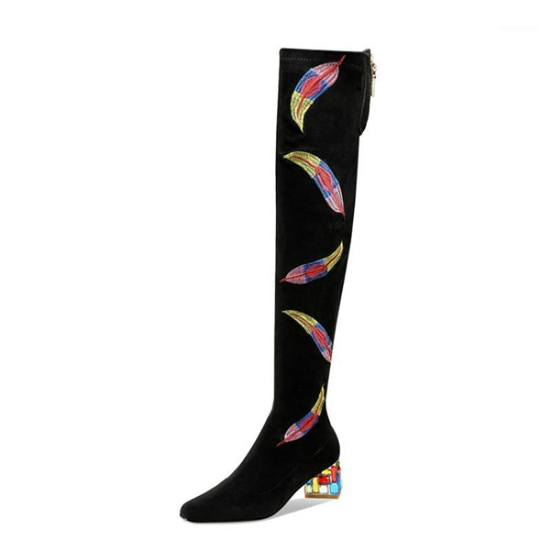

Autumn and winter fashion embroidered feather rhinestone heel round toe over-the-knee boots women's shoes large size 34-451, Black without embroi