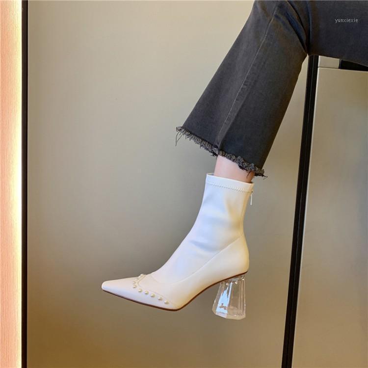 

White Leather Women Short Boots Pointed Toe Elastic Pearl Sock Botines Mujer 7cm Transparent High Heels Bottes Femmes Stilettos1, Black